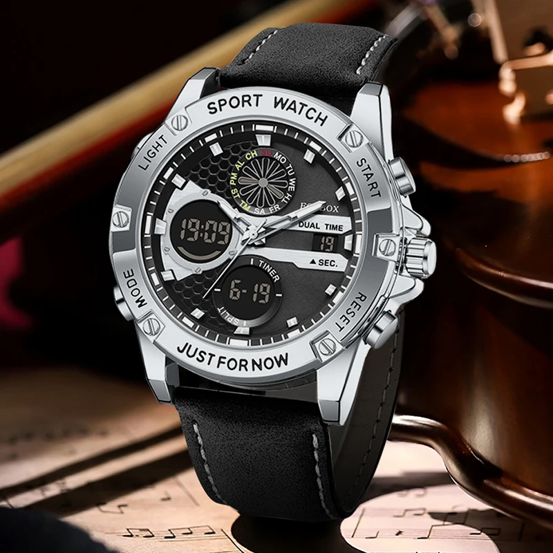 2025 FOXBOX Sport Watches for Men Strong Luminous Dual Display Waterproof Quartz Genuine Leather Wristwatch Relogio Masculino