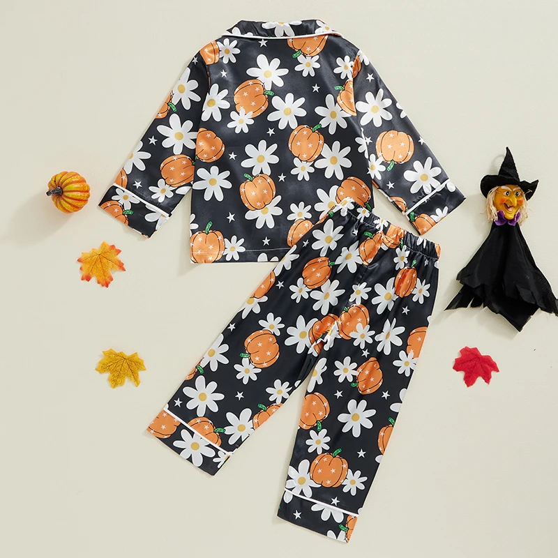 Women s Halloween Pajama Sets with Long Sleeve Lapel Floral Pumpkin Ghost Print Shirt and Pants for Cozy Sleepwear