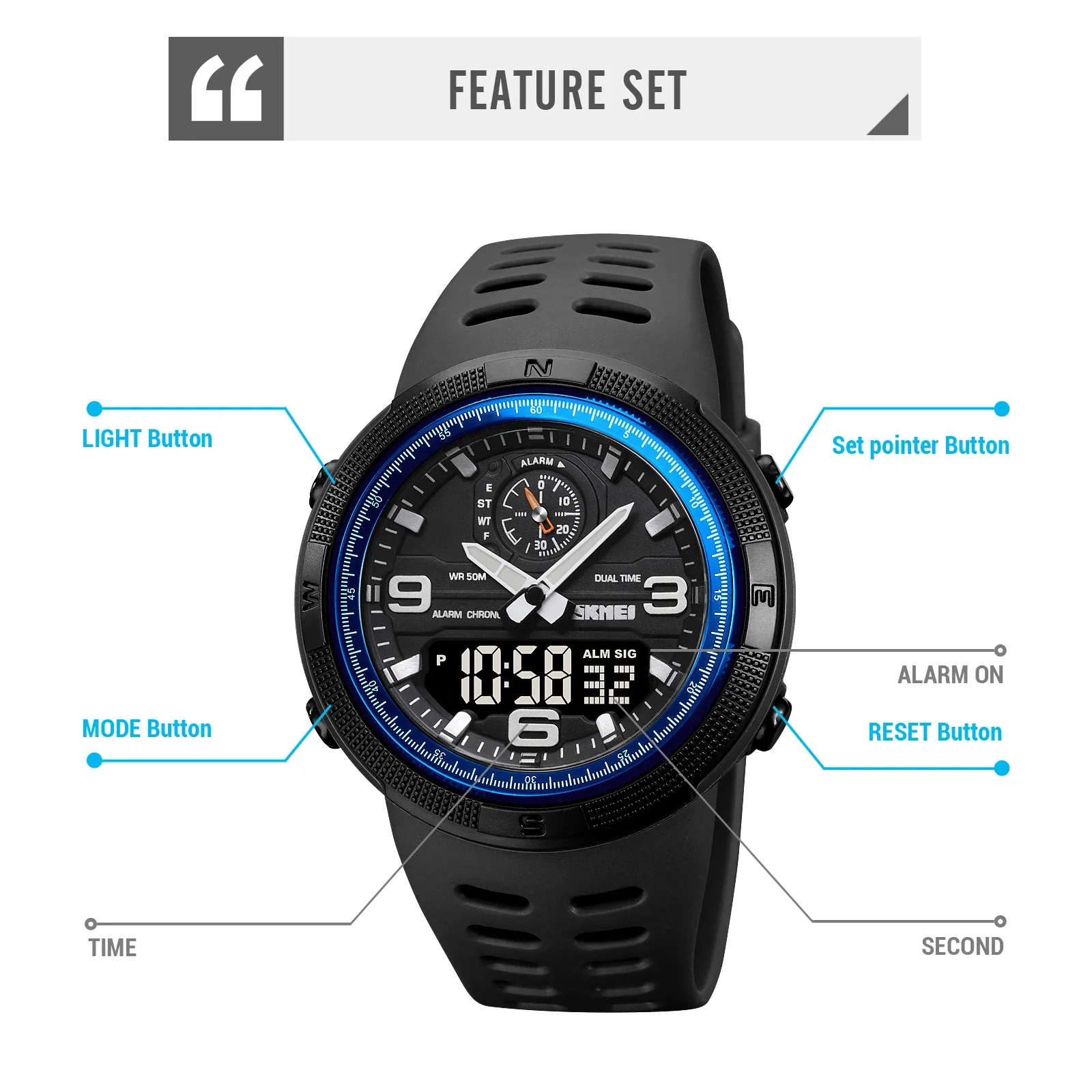 SKMEI 1655 Outdoor Sports Men's Electronic Watch Dual Display Multi functional Waterproof Student Exploration Watch 5