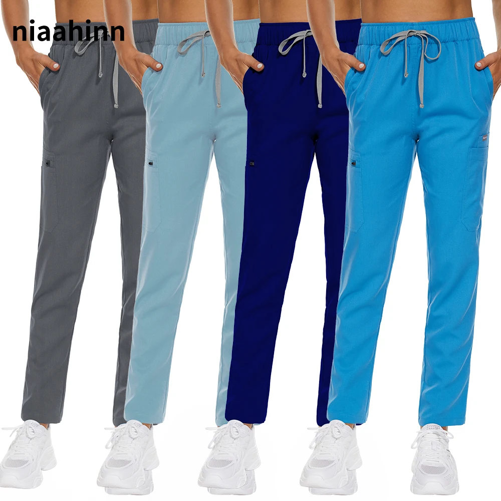 Medical Scrubs Solid Color Work Pants Women Elastic Waist Doctor Nursing Scrub Pants Spring Autumn Nurse Dental Care Uniform Cloth