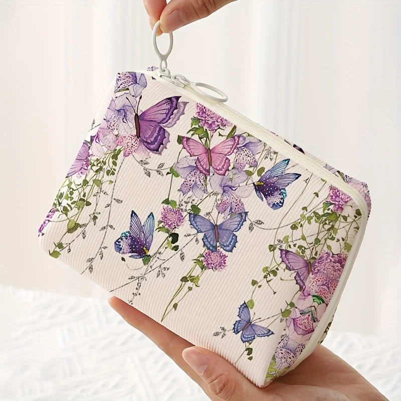 1pc，Purple butterfly print pattern makeup bag, portable makeup storage bag, multifunctional storage bag, lightweight travel bag
