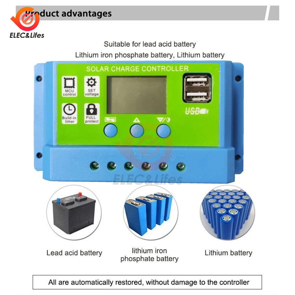 11.1V/12V/24V 10A 20A 30A Regolatore solare universale Regolatore di carica solare fotovoltaico con display LCD Doppia porta USB - immagine 3