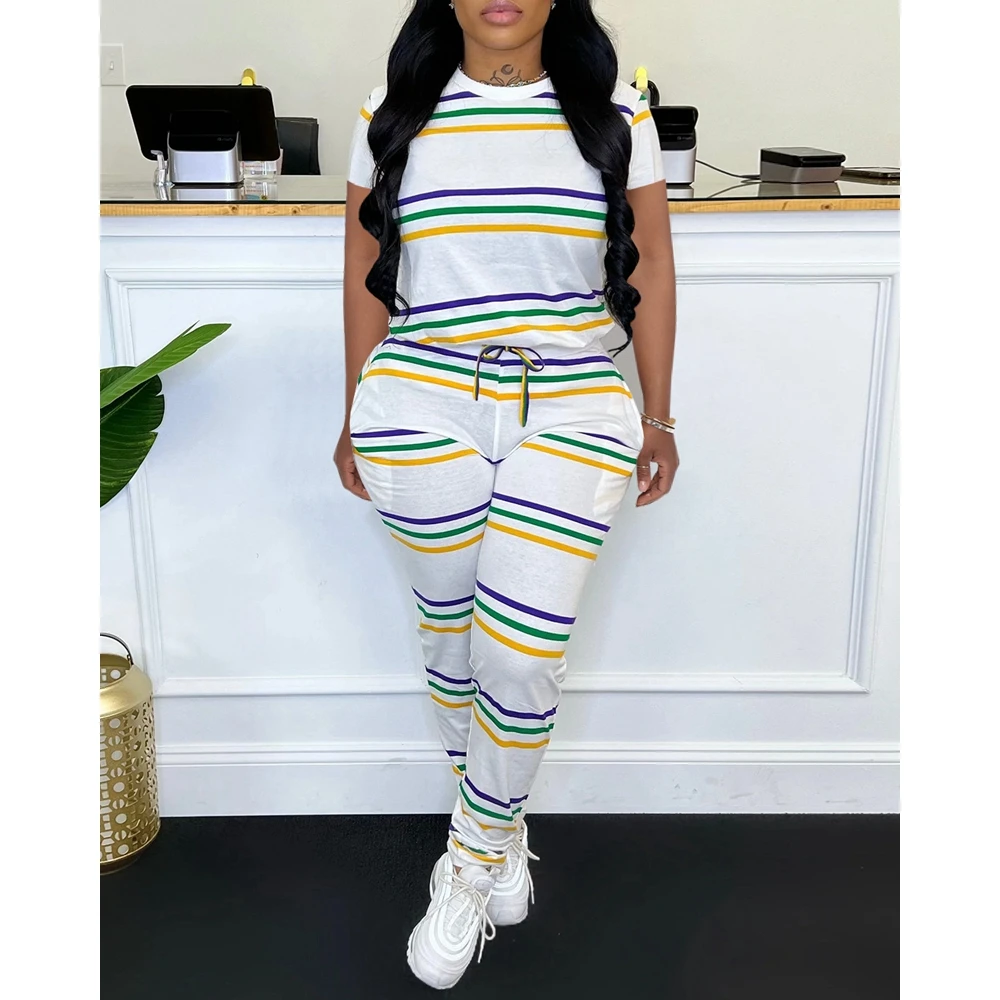 Summer Casual Striped Print Two Piece Sets Women Outifit Short Sleeve Top & Drawstring Pants Set Women Suit Sweatshirt Tracksuit