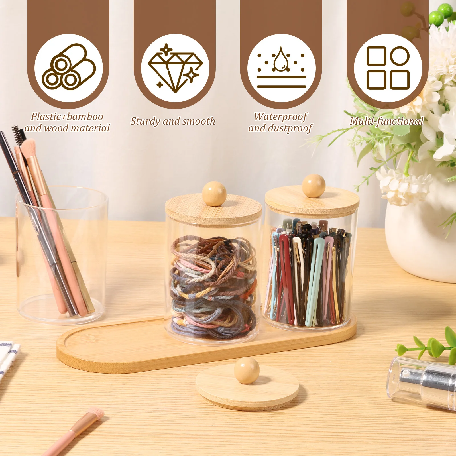 2/3Pcs Cotton Swab Holder Plastic Clear Cotton Ball Holder with Wooden Lid and Tray Paper Clip Dispenser Desktop Storage Jar