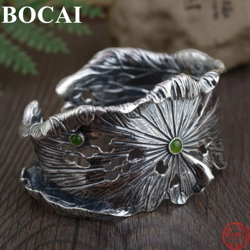 

BOCAI S999 Sterling Silver Bracelets 2022 New Fashion Lotus Leaf Jasper Opening Solid Pure Argentum Bangle Jewelry for Women