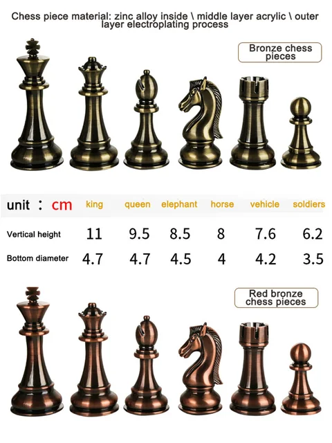 HJJ Conjunto de jogo de tabuleiro de xadrez de metal Deluxe Chess Retro  liga banhada a cobre com caixa de armazenamento dobrável de madeira  portátil, tabuleiro de xadrez, para crianças e adultos
