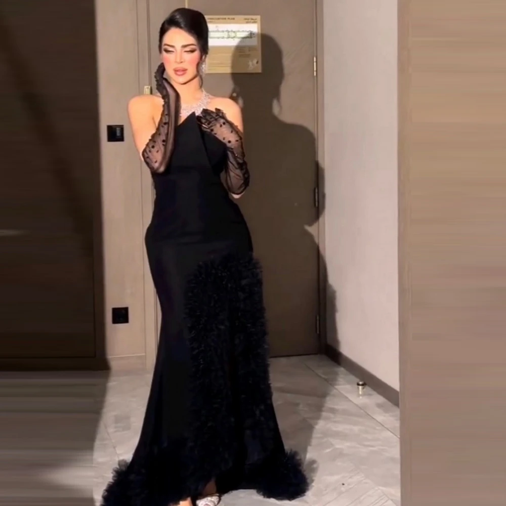 

Qcenkern Elegant Strapless Ruflles Evening Gowns For Women Party Mermaid Arabic Black Formal Prom Dress 2023 Robe de soire