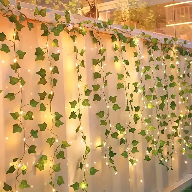 Battery Powered LED Silk Leaves Fake Creeper Green Leaf Ivy Vine LED String Light Garden Yard Hanging Garland Artificial Plants