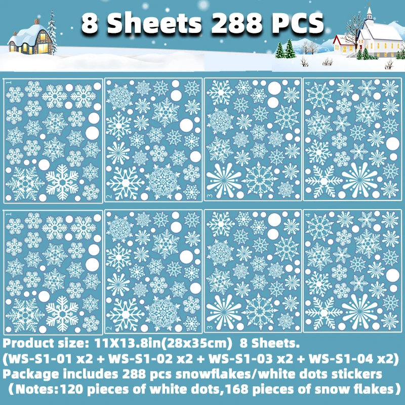Snowflakes Fozen Theme Window Clings For Glass Windows Christmas New Year Non Adhesive Window Stickers 8 Sheets 288Pcs wall stickers window stickers