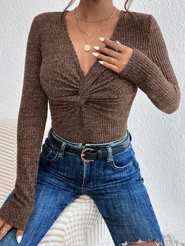 Bottom Sexy Hot Diamond V-neck Long Sleeve Split Flared Sleeve Sweater Knit Autumn Wear 2
