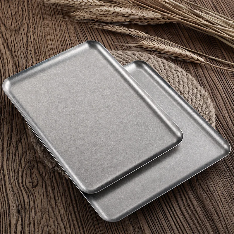 1 Pcs Retro Square 304 Stainless Steel Tray Caf&eacute; Snack Cake Plate Restaurant Tableware