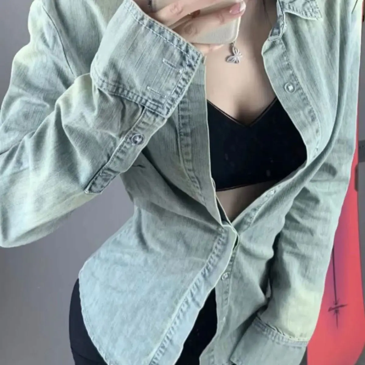 

Женская джинсовая рубашка с длинным рукавом, в стиле ретро