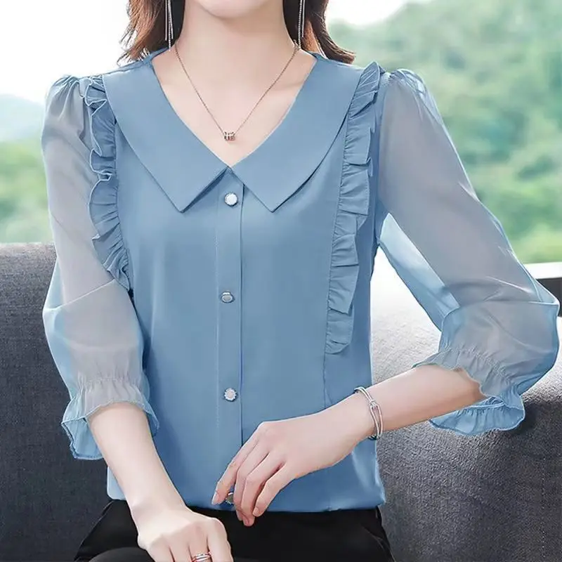분위기 있는 플리츠 단추 셔츠, 반팔 프릴 엣지 쉬폰 블라우스, 오피스 우아한 여성 의류, 단색 상의, 여름 신상