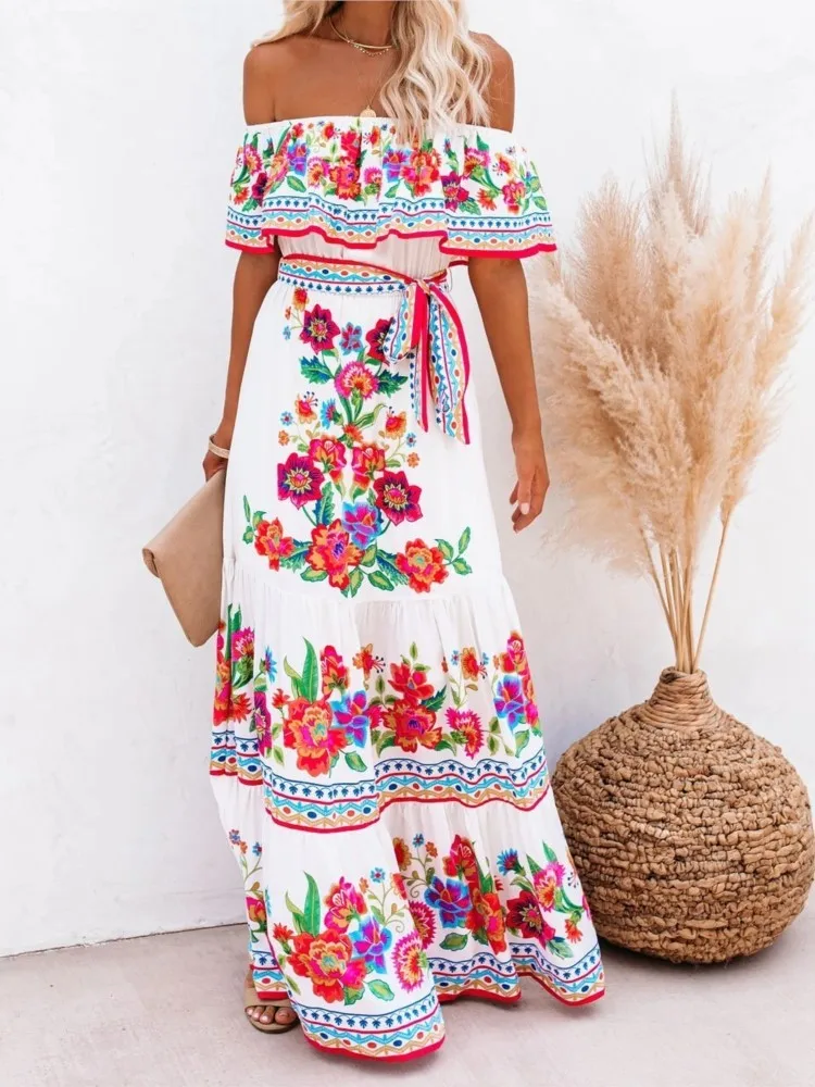 Summer Women Print Boho Dress Fashion Sexy Slash Neck Maxi