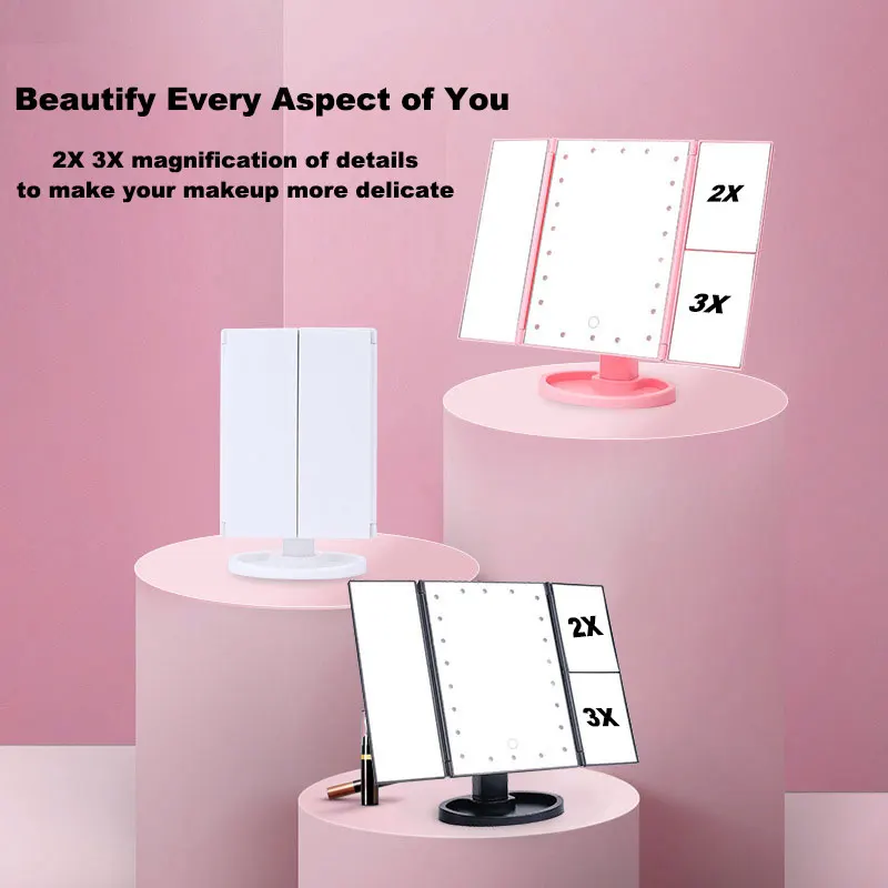 LED Vanity Mirror with Touch Screen Makeup Mirror Triple Fold illuminated 22 LED Lights 2X 3X Enlarged Magnifying Vanity for makeup mirror magnifying mirror