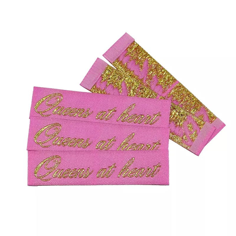 

Free shipping Customized clothing label custom Woven tag Golden Metal Yarn with Full Bottom woven labels