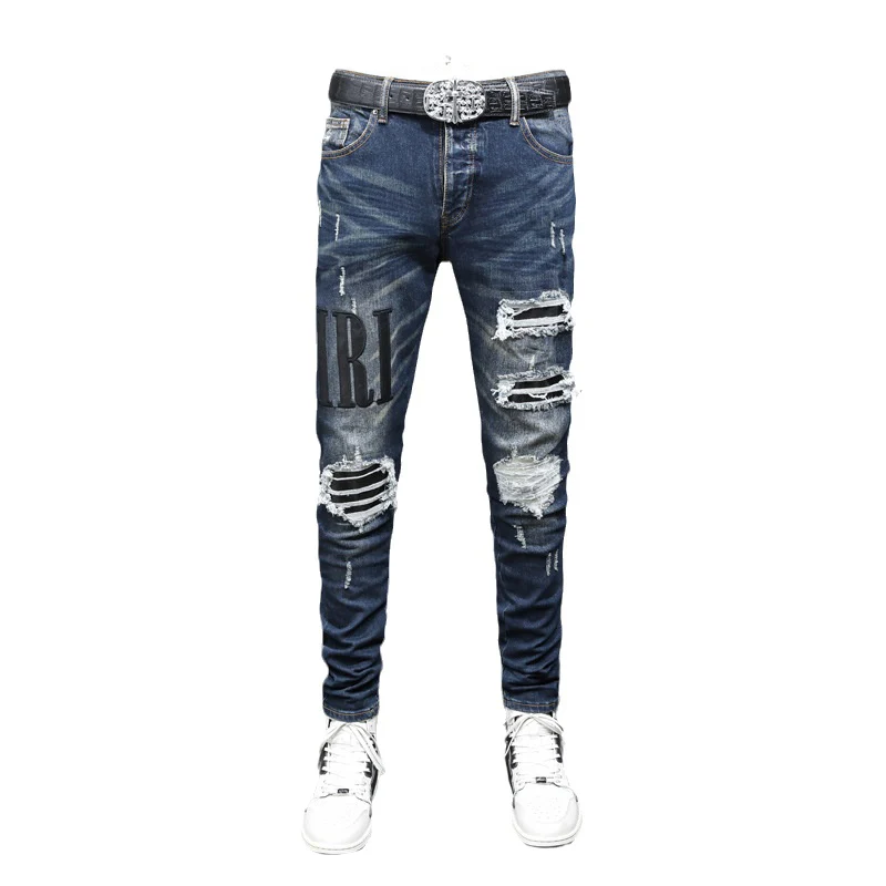Street Fashion Men's Deep Blue Jeans High Quality Retro Elastic Slim Fit Split Jeans Men's Leather Patches Latest Designer Hip H