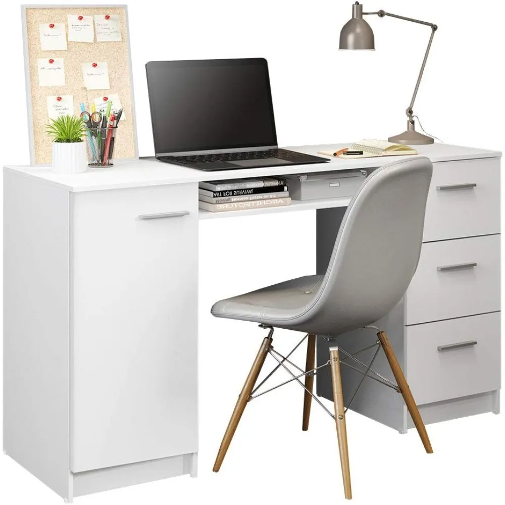 Madesa Computer Desk with 3 Drawers, 1 Door and 1 Storage Shelf, Wood Writing Home Office Workstation