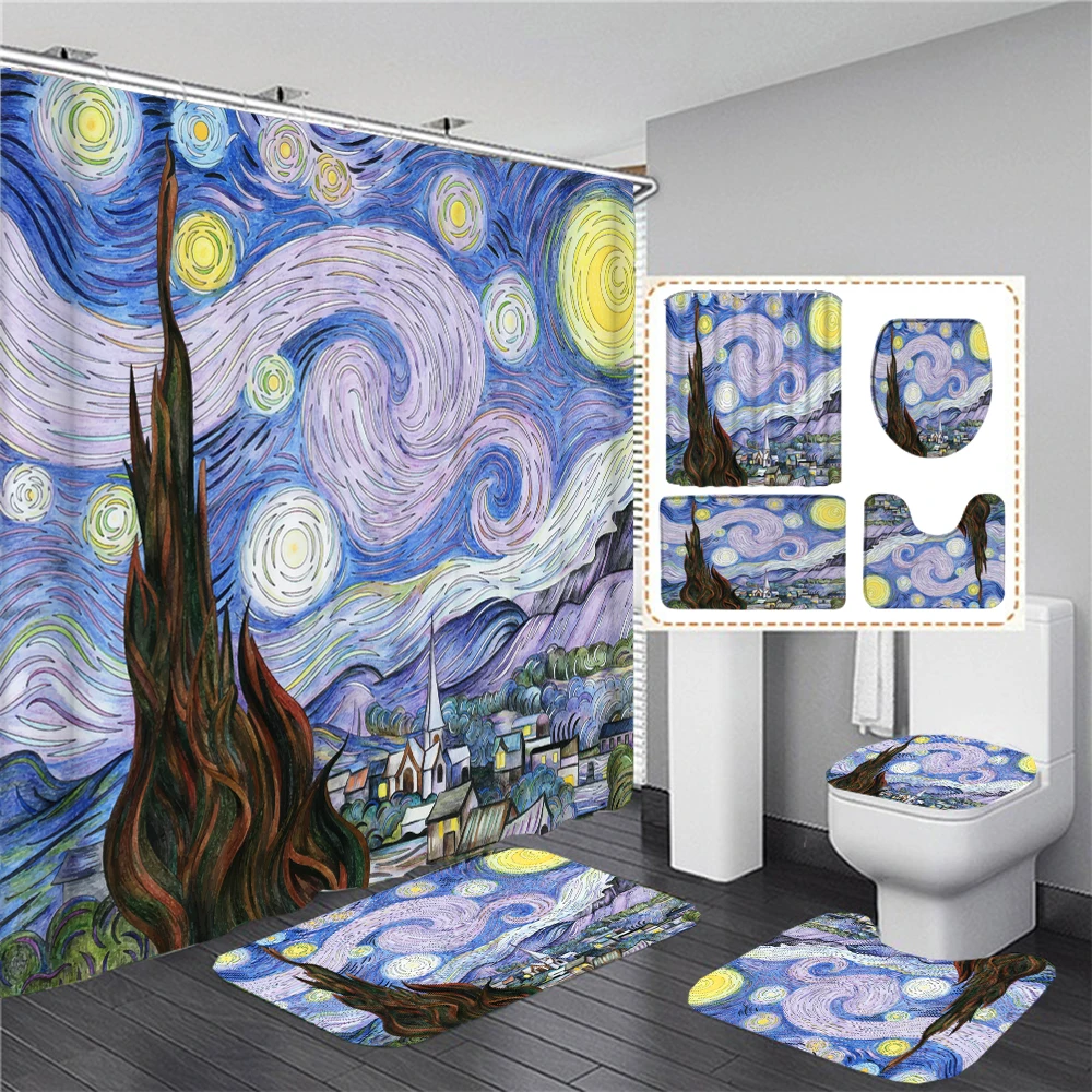 

Cartoon Painting Starry Sky 3D Print Shower Curtain for Bathroom Decor Accessories Bath Mat Set Toilet Cover Non-Slip Carpet
