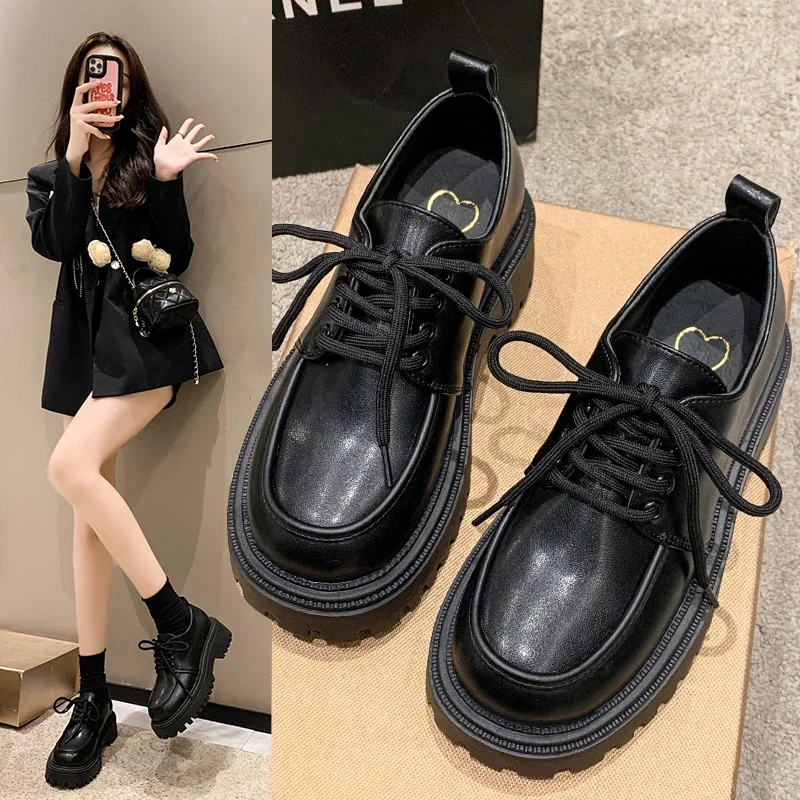Solid Leather Oxford Shoes for Women Fashion Lace up Women Shoes Square Mid Heels Platform Shoes Zapatos De Mujer 2