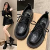 Solid Leather Oxford Shoes for Women Fashion Lace up Women Shoes Square Mid Heels Platform Shoes Zapatos De Mujer 2