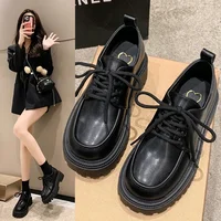 Solid Leather Oxford Shoes for Women Fashion Lace up Women Shoes Square Mid Heels Platform Shoes Zapatos De Mujer 2