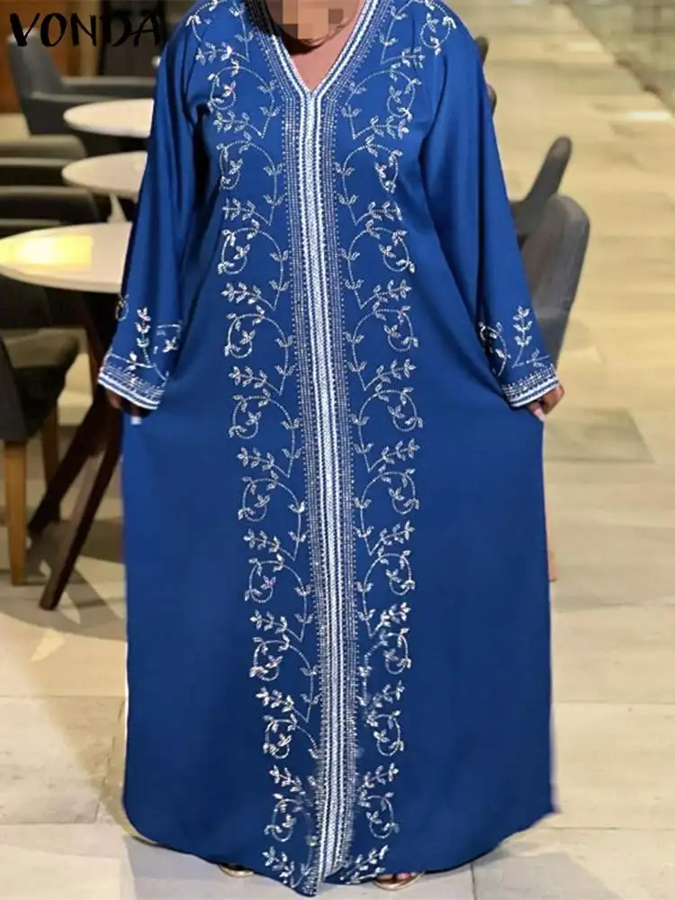 

VONDA Women Summer Dress 2023 Sexy V-Neck Sundress Vintage Printed Dresses Long Sleeve Loose Party Robe Oversized