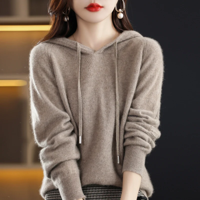 Merino Wool Hooded Sweater Women's Autumn/Winter New Long Sleeve Solid Color Pullover Cashmere Knit Hooded Drawstring Pullover