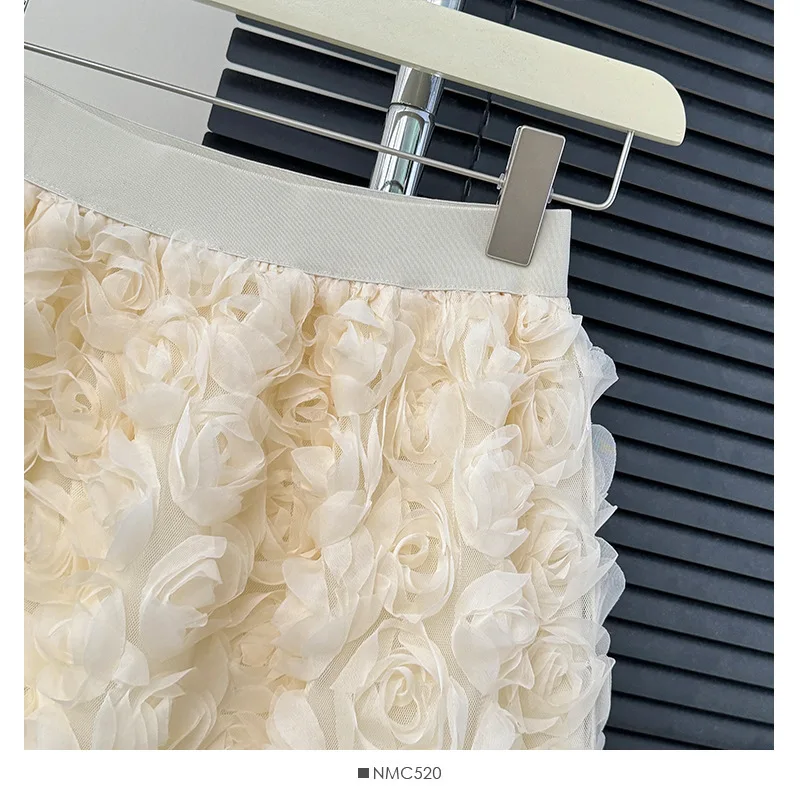 Solid Color Three-dimensional Rose Blossoms Short Skirts Women 2025 Sweet High Waist Elegant Skirt