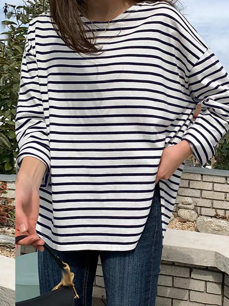 

Fashion Women Long Sleeve Blouse ZANZEA Female Stripe Printed Shirt Casual O Neck Blusas Solid Baggy Tops Autumn Pullover Tunic