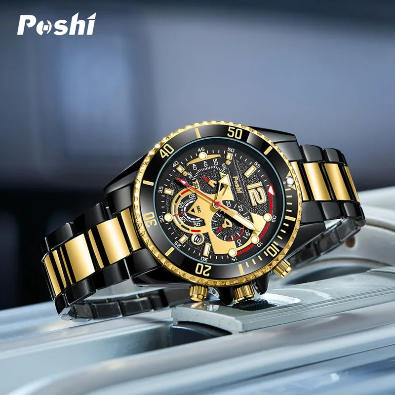 POSHI Men's Watch Luxury Waterproof Men Quartz Wathes Chronograph Luminous Alloy Strap Date Business Wristwatch Clock for man