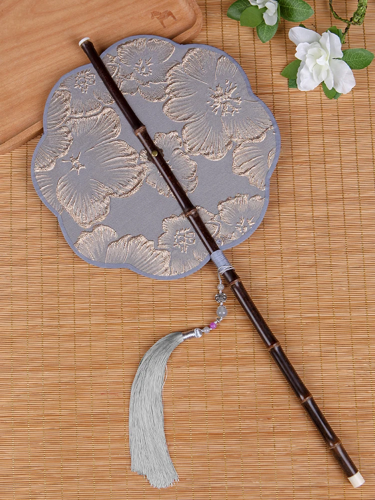 

Circular Fan Black Bamboo Hanfu Accessories Chinese Style Long Handle Tassel Curly Foldable Classical Portable Retro Embroidery
