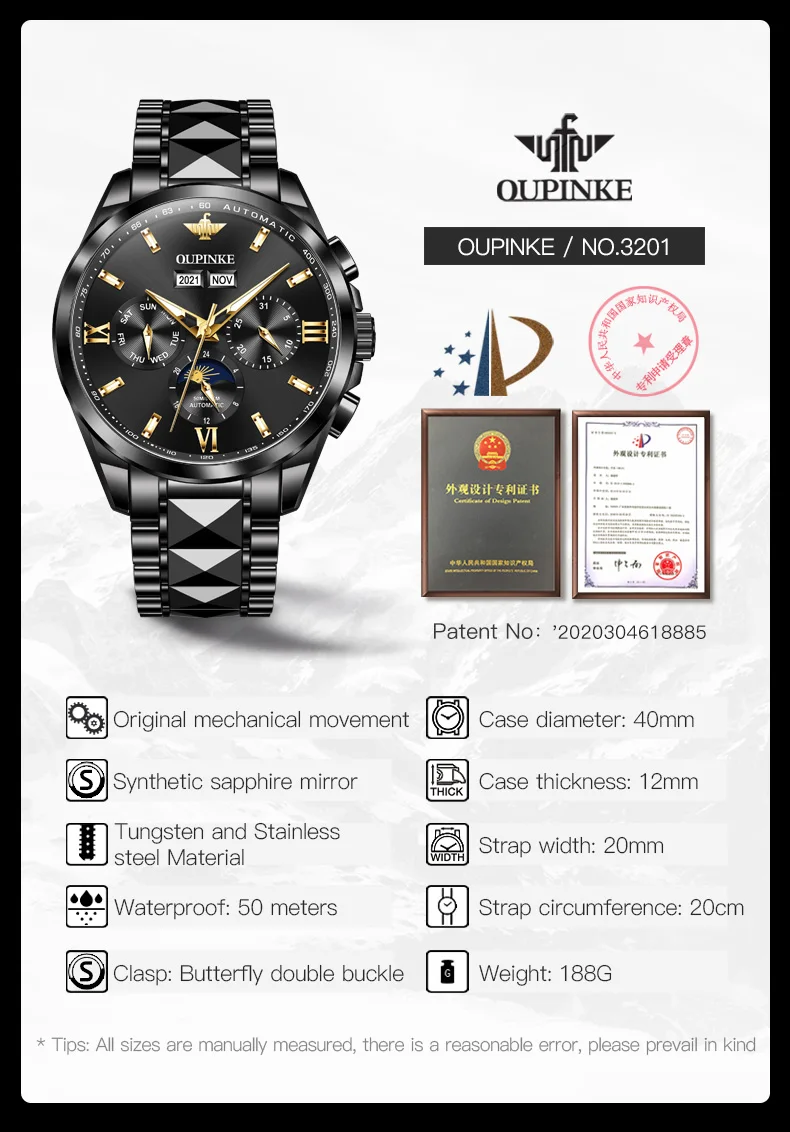 OUPINKE 3201 Moon Phase Mechanical Watch for Men Luxury Top Brand Sapphire Mirror Waterproof Elegant Men's Automatic Wristwatch 6