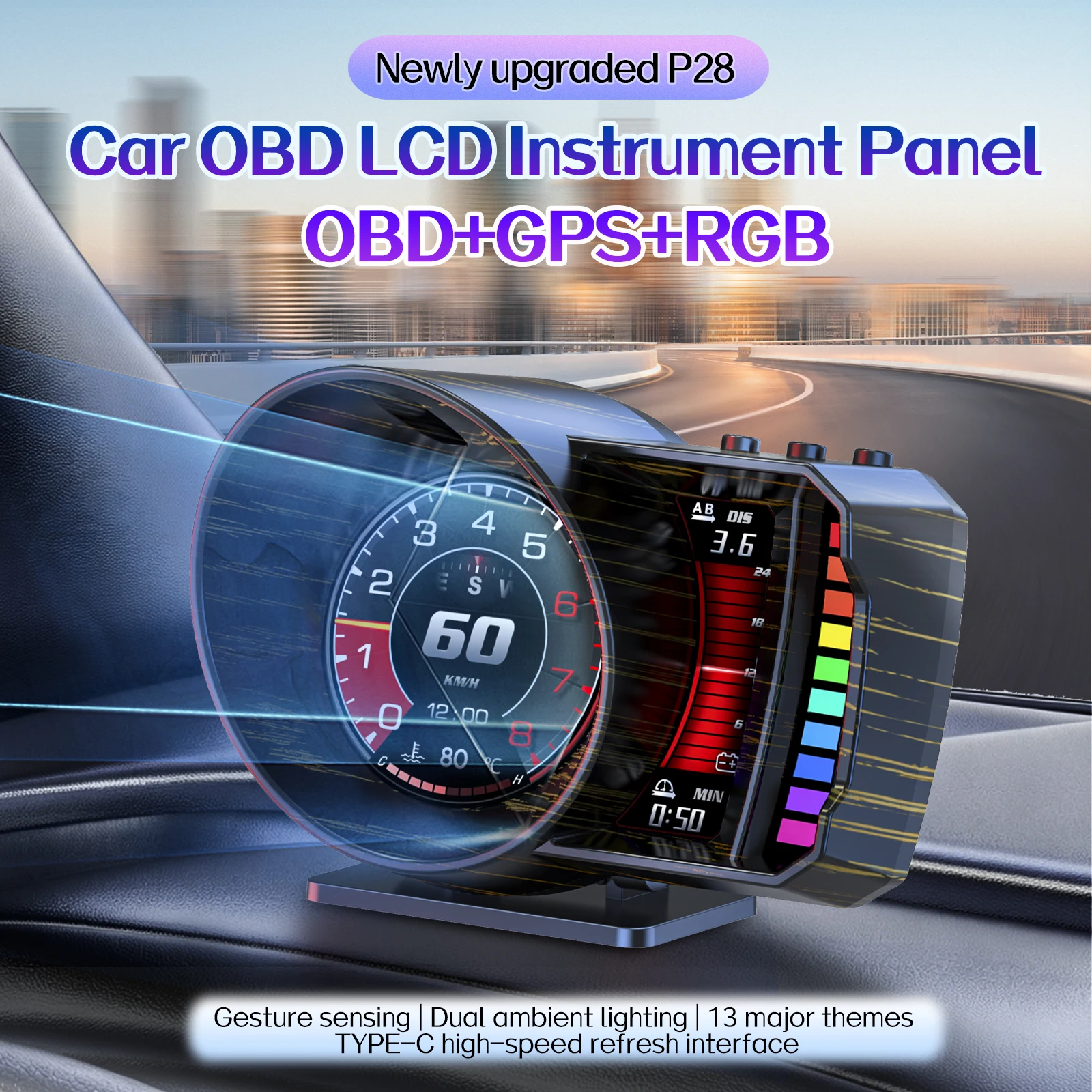 P28 수온 게이지 OBD+GPS HUD 헤드업 디스플레이 차량용 온보드 컴퓨터 디지털 RPM 전압 속도계 과속 경보
