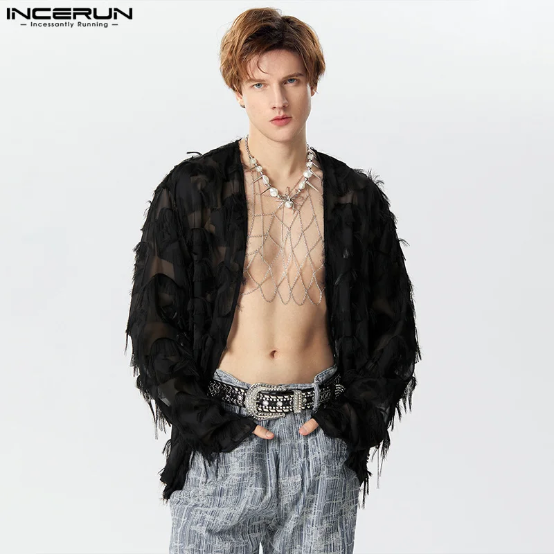 

INCERUN Men Shirt Tassel Mesh Transparent Open Stitch Long Sleeve Men Clothing Streetwear 2024 Fashion Party Casual Cardigan