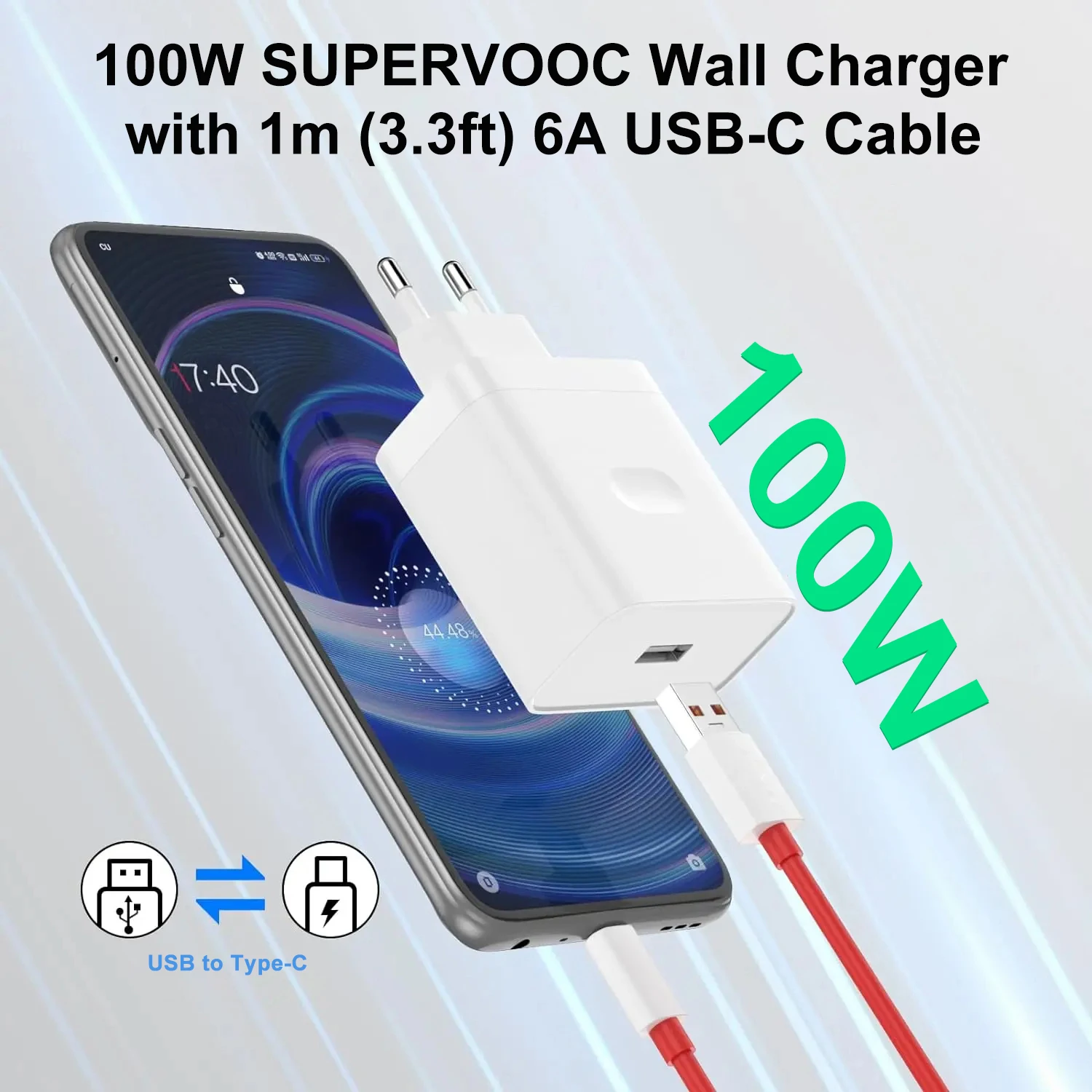 High-Power 100W SuperVOOC Fast Wall Charger with 2M USB Type-C Cable