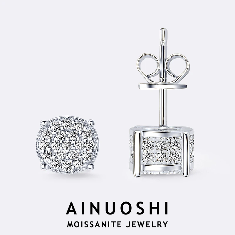 

AINUOSHI Hip Hop Round Shaped Iced Out Stud Earrings Paved Shiny Moissanite Earring 925 Sterling Silver Fashion Women Jewelry
