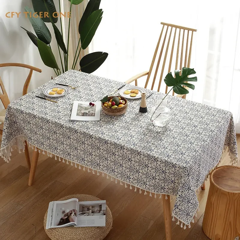

Cotton Linen Vintage Tablecloth for Table Pastoral Decorative Rectangular Tablecloth with Tassel Dining Table Cover Tea Cloth