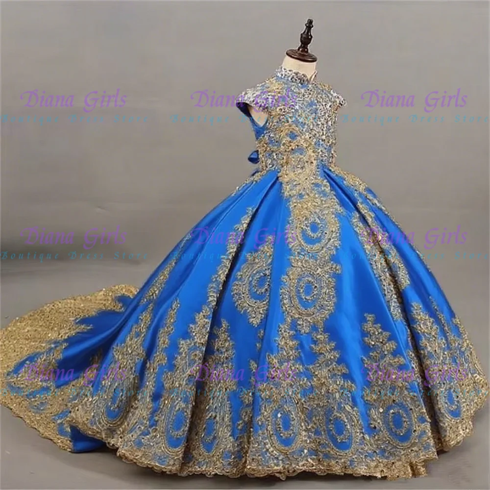 Luxury Customised Color Flower Girl Dresses For Wedding Gold Printing Pageant Gown Sleeveless lace Appliques Communion Gowns 6