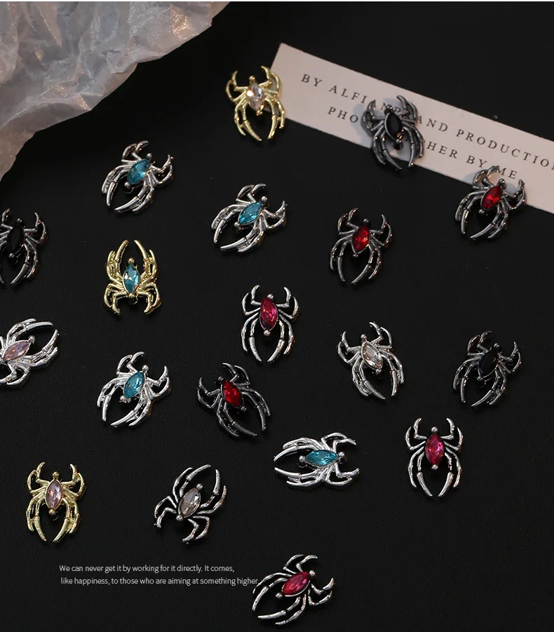 10 piezas de aleación de lujo 3D araña uñas arte encantos gótico punk oro/plata araña uñas joyería pieza para Halloween DIY manicura suministros