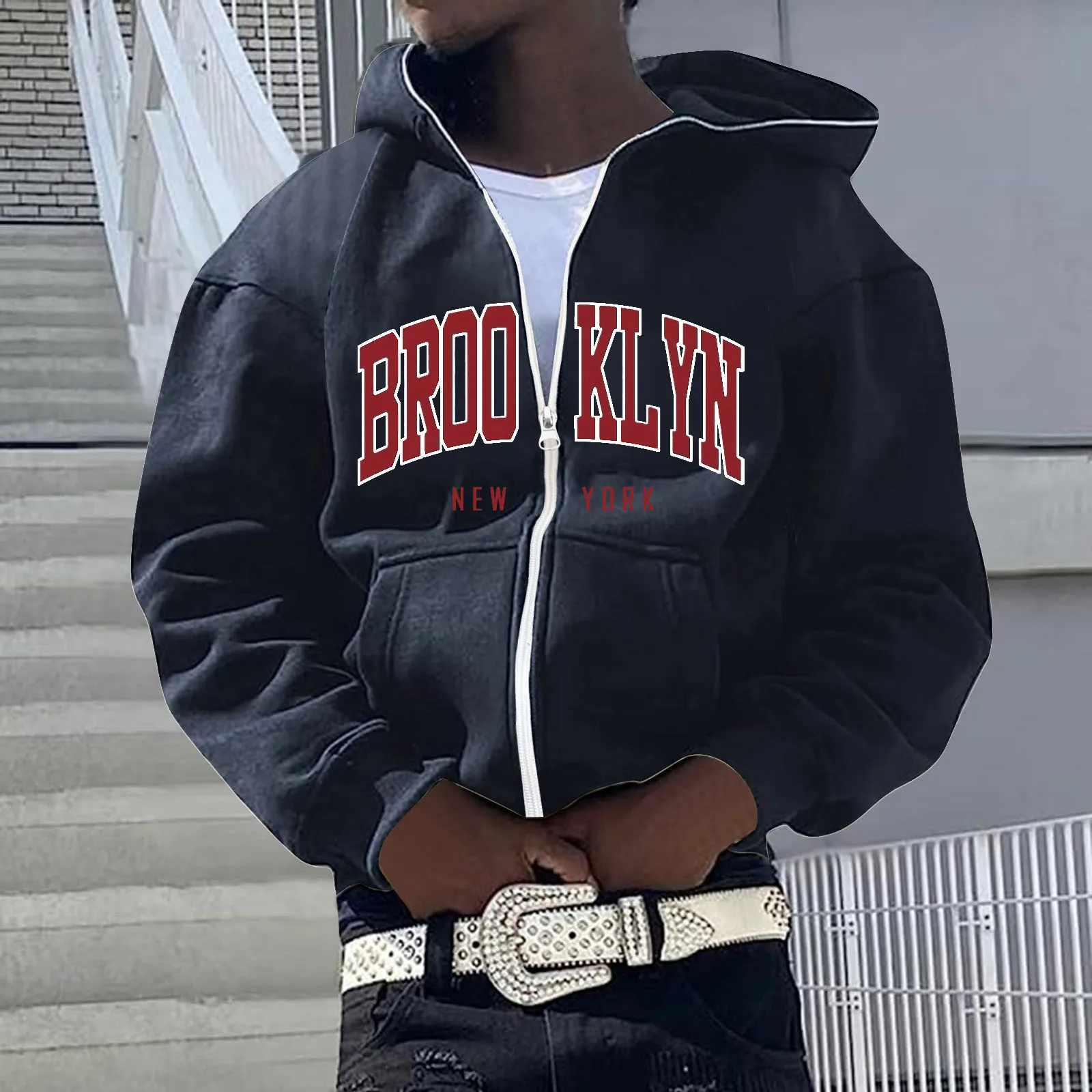 

Свитшот мужской с капюшоном и надписью, повседневная простая уличная одежда в винтажном стиле, свободные худи в стиле Харадзюку, на молнии