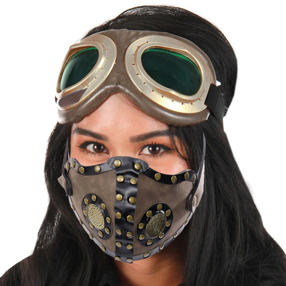 Maschera Mezza Faccia Teschio Steampunk In PU – Gotica Punta Per Costumi Halloween Uomo - Foto 3