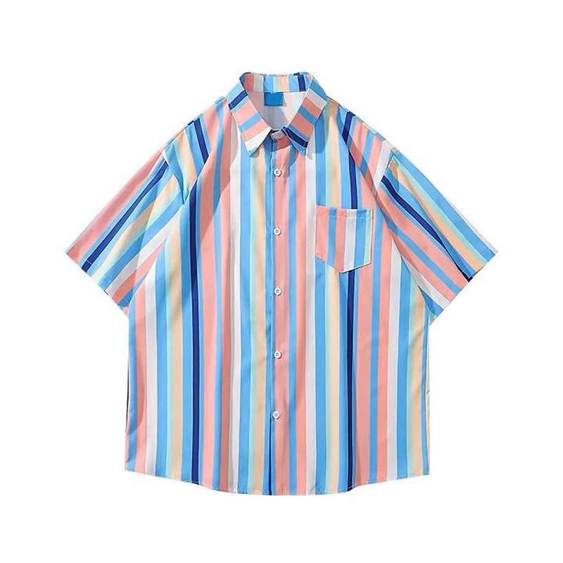 Description Picture 2 of itemAmerican Fashion Striped Contrast Printed Short-sleeved Shirt Korean Version 2024 Summer Loose and Versatile Couple Shirt Jacket