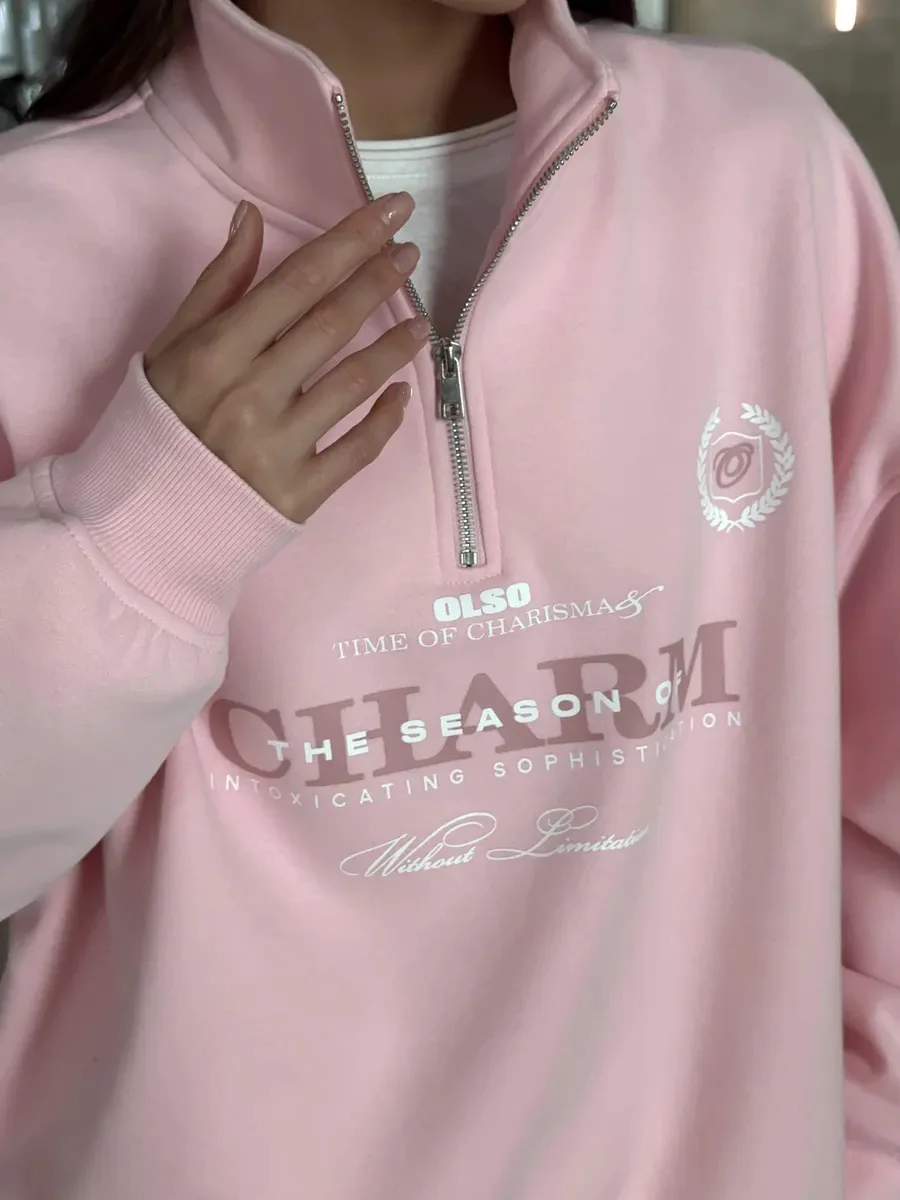 American Retro Badge Sweatshirts Zipper Turn-down Collar Pink Blouse Hoodies Fashion Sports Women Streetwear Autumn Large Size