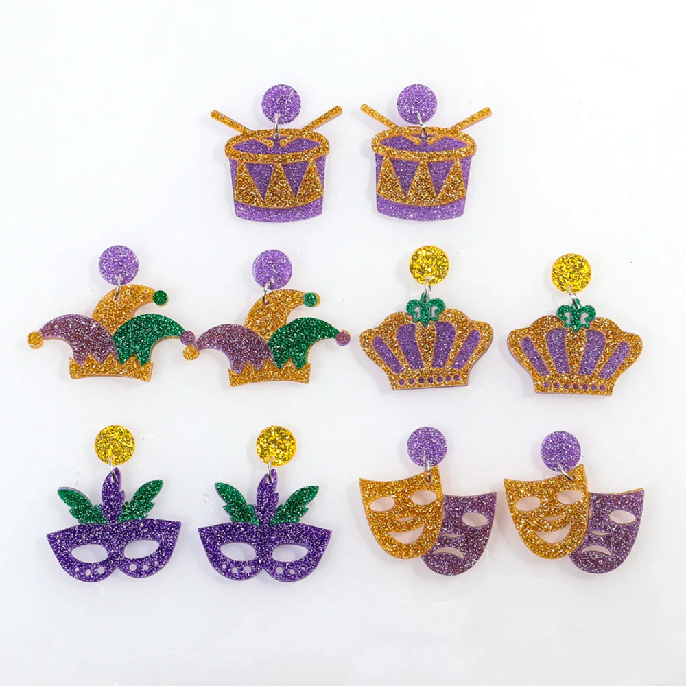 Glitter Acrylic Mask Crown Drop Earring For Women