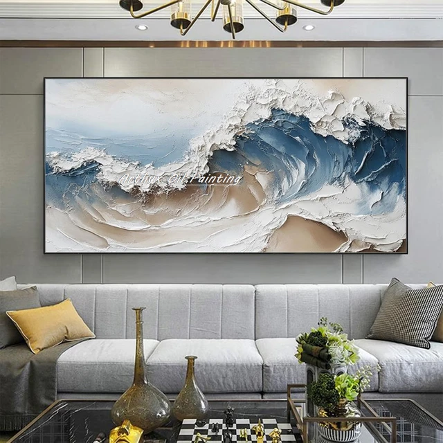 Arthyx 100% Handpainted บทคัดย่อ Sea Wave บนผ้าใบ,Modern Texture Art Seascape โปสเตอร์,ภาพผนัง,ตกแต่งบ้าน 1
