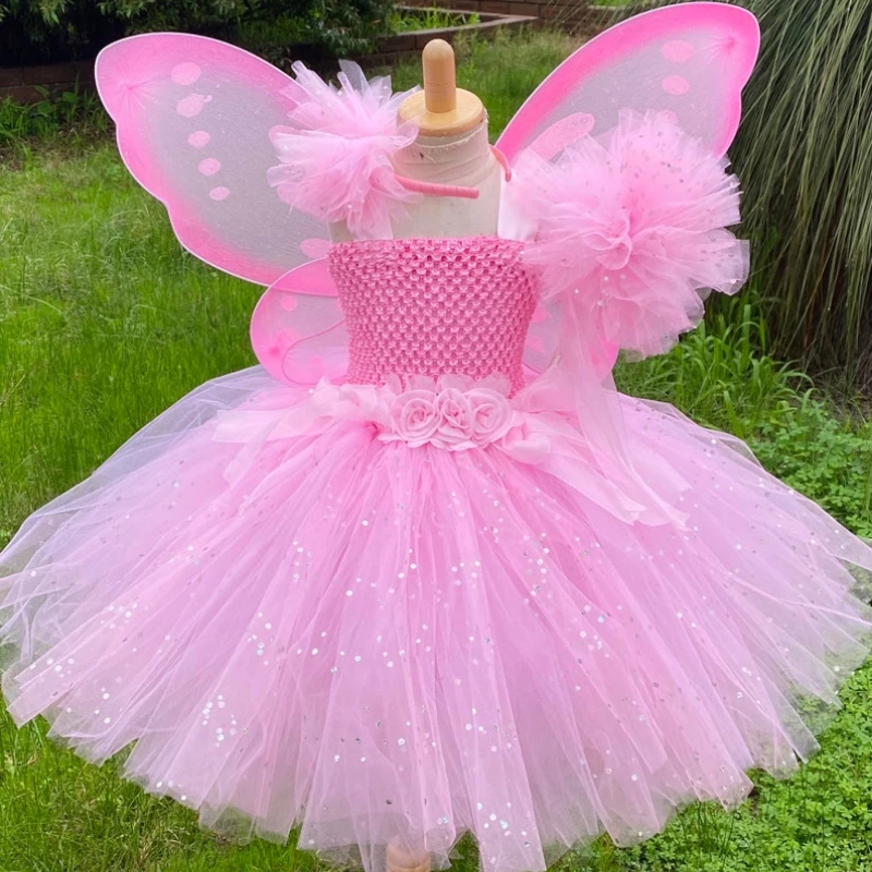 Cute Girls Pink Glitter Flower Tutu Dress Kids Butterfly Fairy Dress Outfit Bambini Birthday Party Costumes Abiti Da Principessa