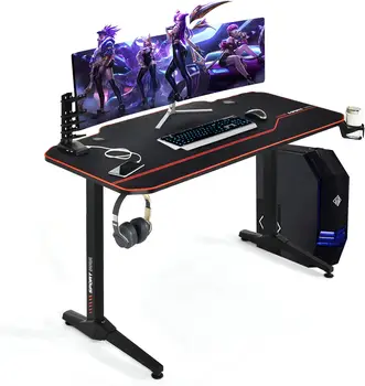 55 Inch Gaming Desk with Free Mouse Pad, T-Shaped Racing Computer Desk, E-Sport Gaming Workstation w/Carbon Fiber Surface(Black) 1
