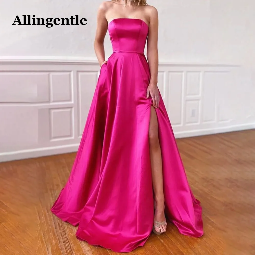 

Allingentle Fuchsia Strapless Prom Dress With Pockets Side Split A-Line Satin Evening Gowns for Party Custom Made Lace-up Back