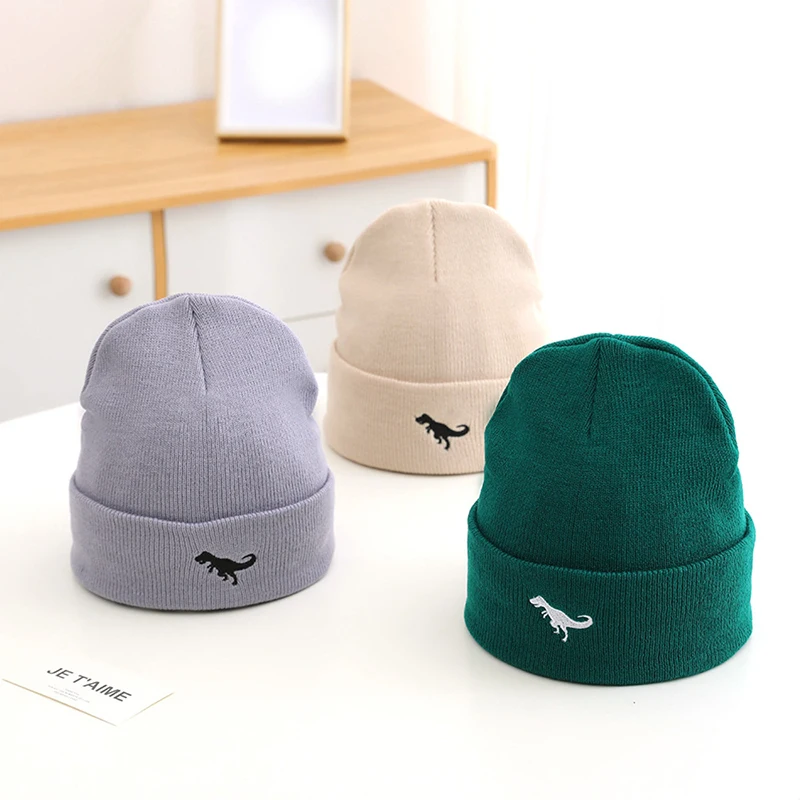 Kids Autumn Winter Knitted Hat Cartoon Dinosaur Embroidery Warm Beanie Children Boys Outdoor Warmer Pullover Cap 3-8Years